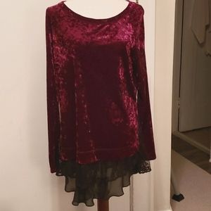 Karen Kane Berry Stretch Crushed Velvet with Black Lace Top